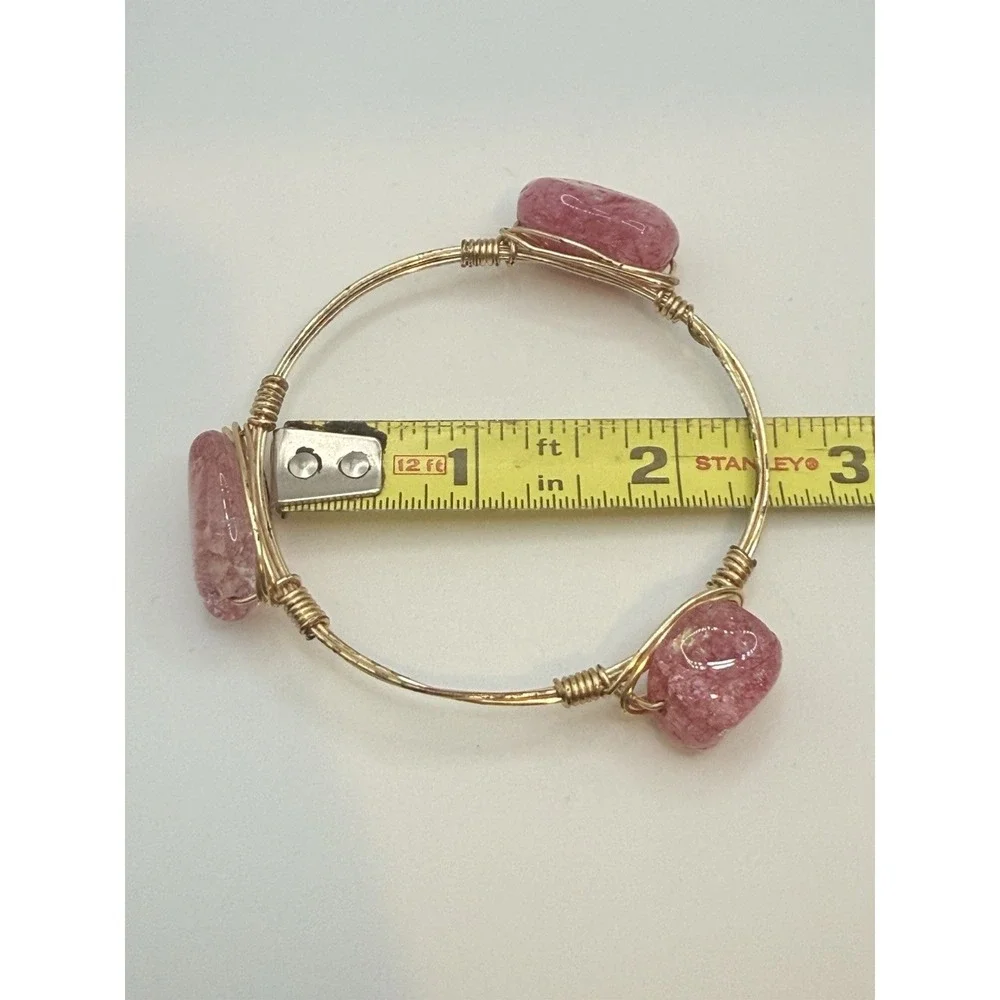 Wire Wrapped Bangle Bracelet Pink Stone or Glass Gold Tone 7